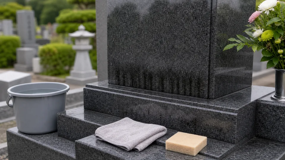 黒ずみが付いた墓石と柔らかい掃除道具